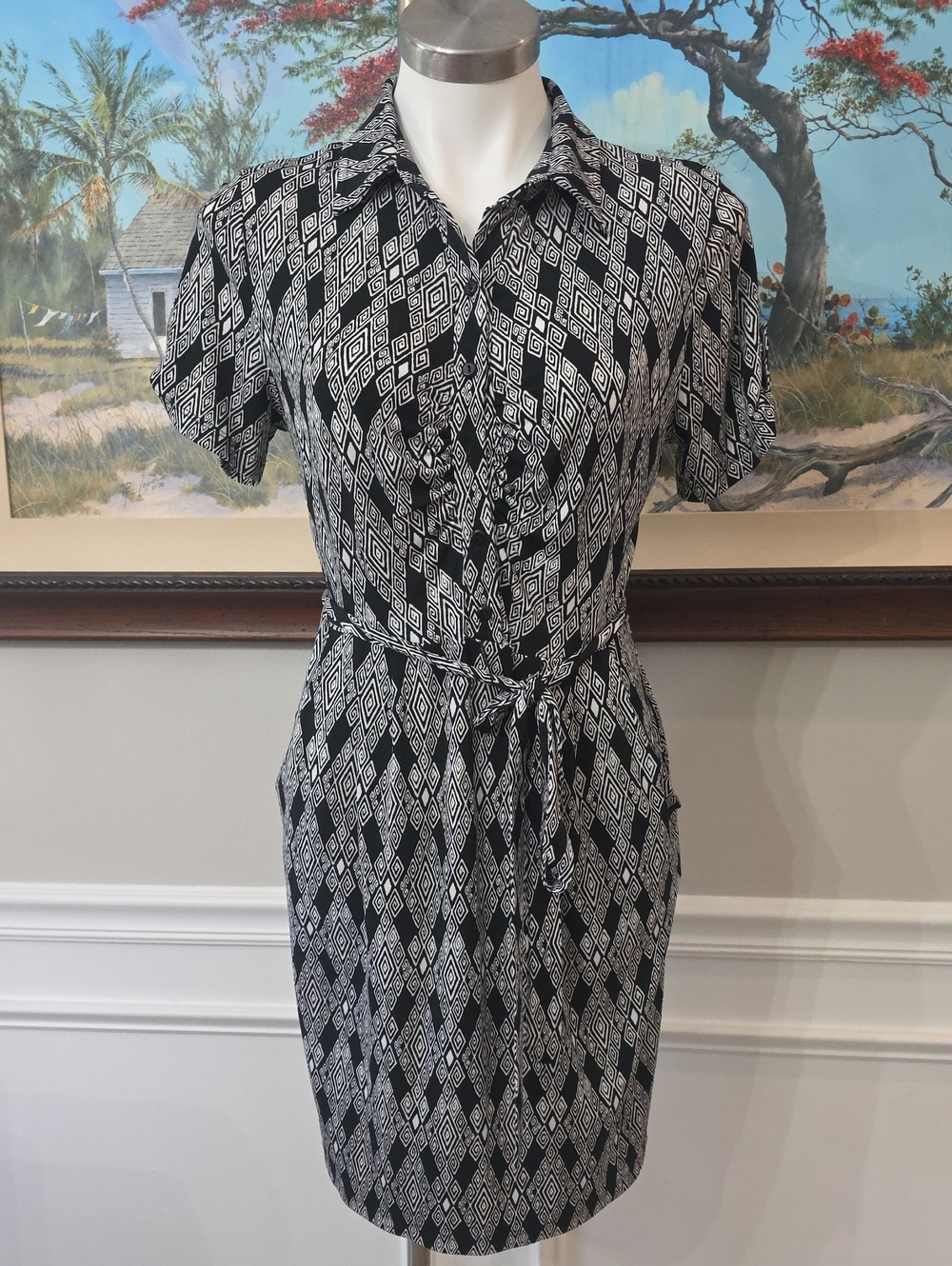 Fenn Wright Manson Black & White Geometric Midi Shirt Dress